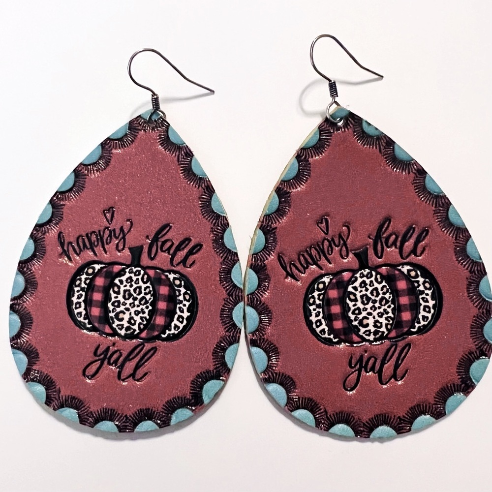 Leather •Happy Fall Y’all• Leopard Buffalo Check Pumpkin Teardrop Earrings